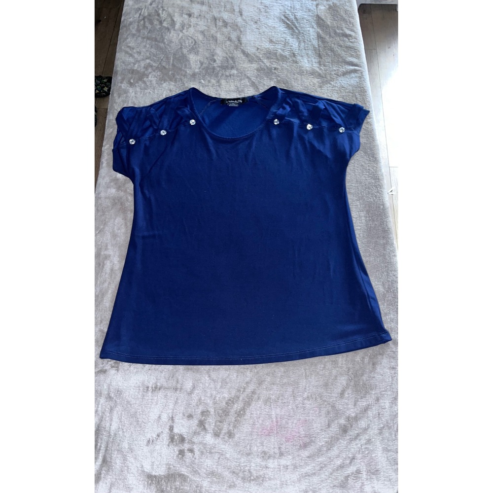 Adele &‎ May Royal Blue Short Sleeve Rhinestone Shoulder Blouse Top Small